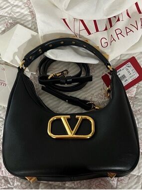 Valentino Garavani Black Leather Shoulder Bag with Gold V Logo
